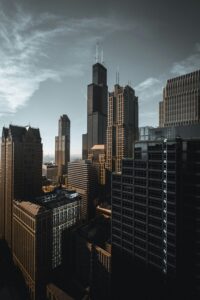 Elevated view of Chicago's modern skyline with the iconic Willis Tower.